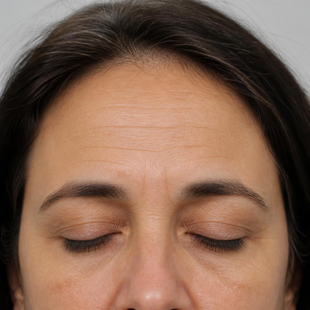 Before EMFACE forehead treatment at Joréa Clinic Peterborough — de-identified upper face showing horizontal forehead lines and a heavy brow