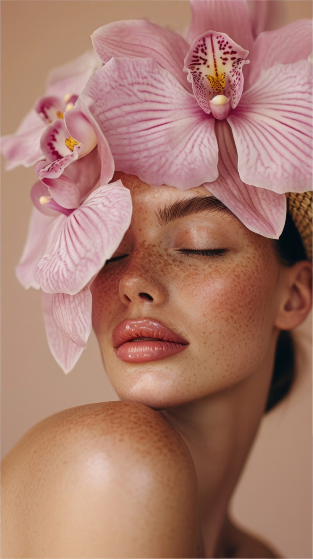 Woman with pink orchids representing the natural, non-invasive aesthetic and wellness care at Jorea Clinic Peterborough