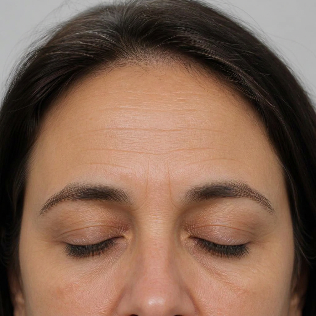 After four EMFACE forehead sessions at Joréa Clinic Peterborough — de-identified upper face showing smoother forehead lines and a lifted brow