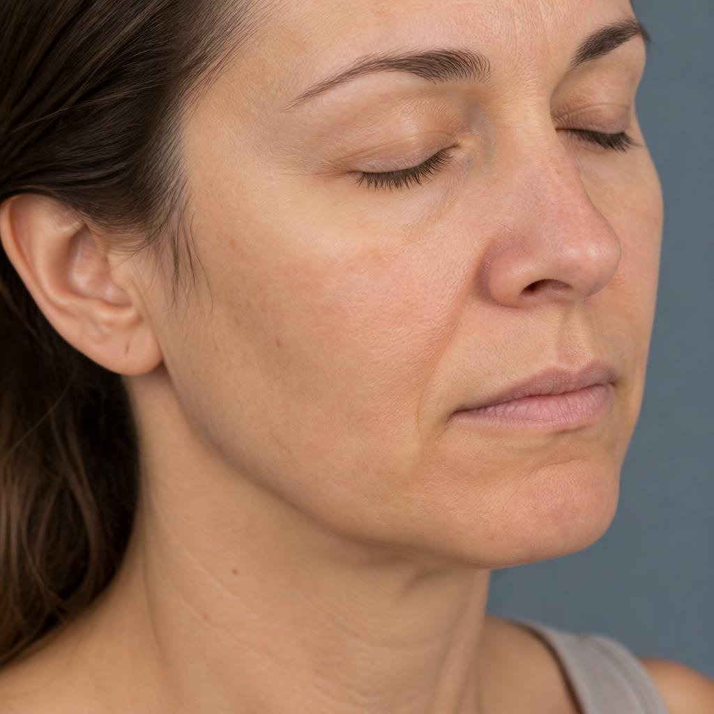 Before EMFACE non-surgical facelift in Peterborough — de-identified front view showing flattened cheeks and deeper nasolabial folds
