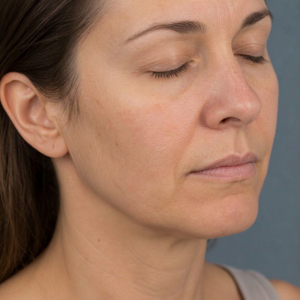 After four EMFACE non-surgical facelift sessions in Peterborough — de-identified front view showing lifted cheeks and softened nasolabial folds