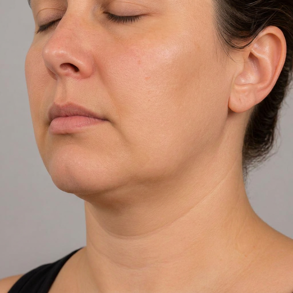 After four EMFACE sessions at Joréa Clinic Peterborough — de-identified side profile showing a firmer jawline and tighter submental contour