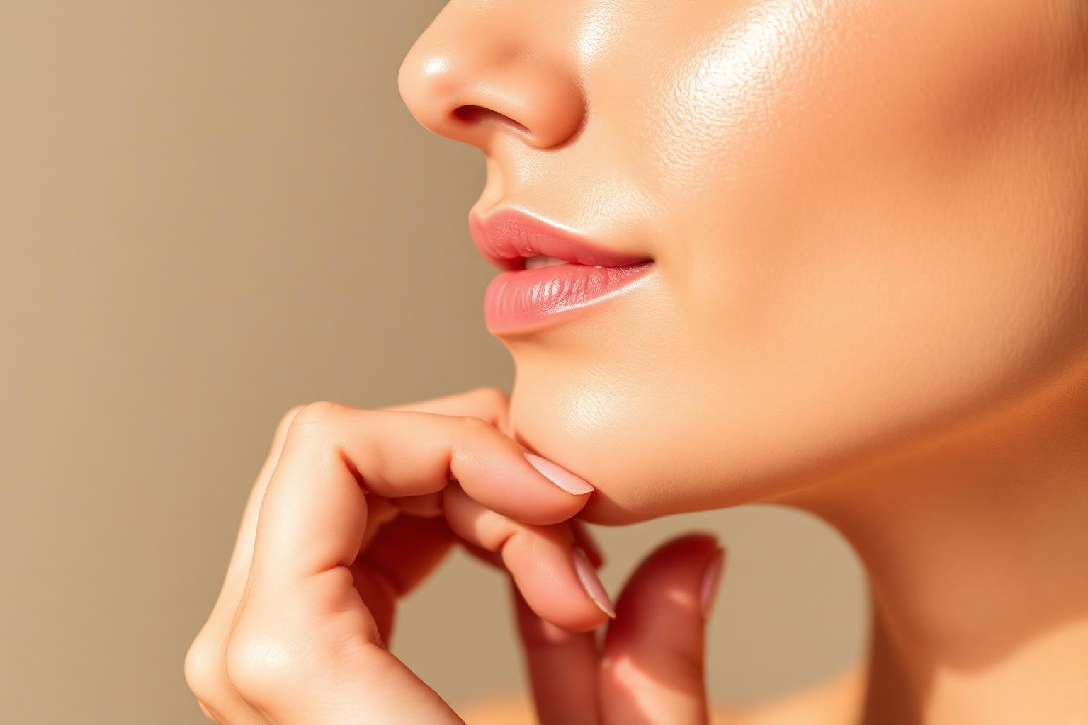 Close-up of glowing, lifted facial skin and a defined jawline after EMFACE treatment at Joréa Clinic in Peterborough