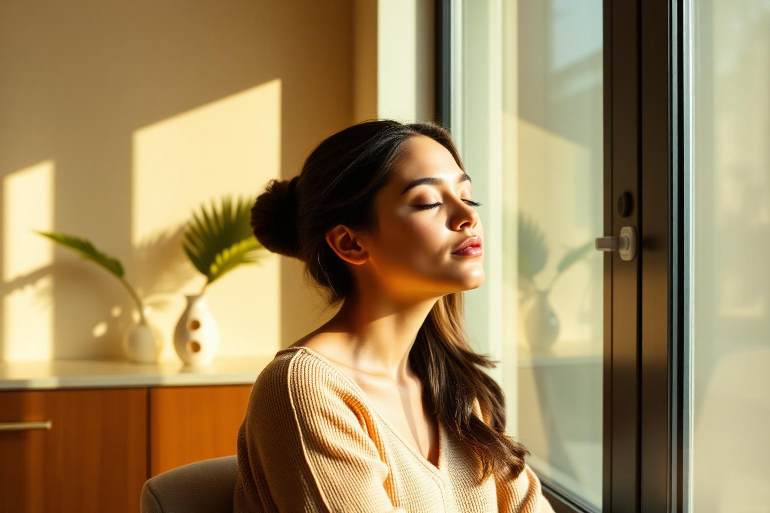 Client sitting calmly in warm natural light, relaxed and focused, after an ExoMind session at Joréa Clinic in Peterborough
