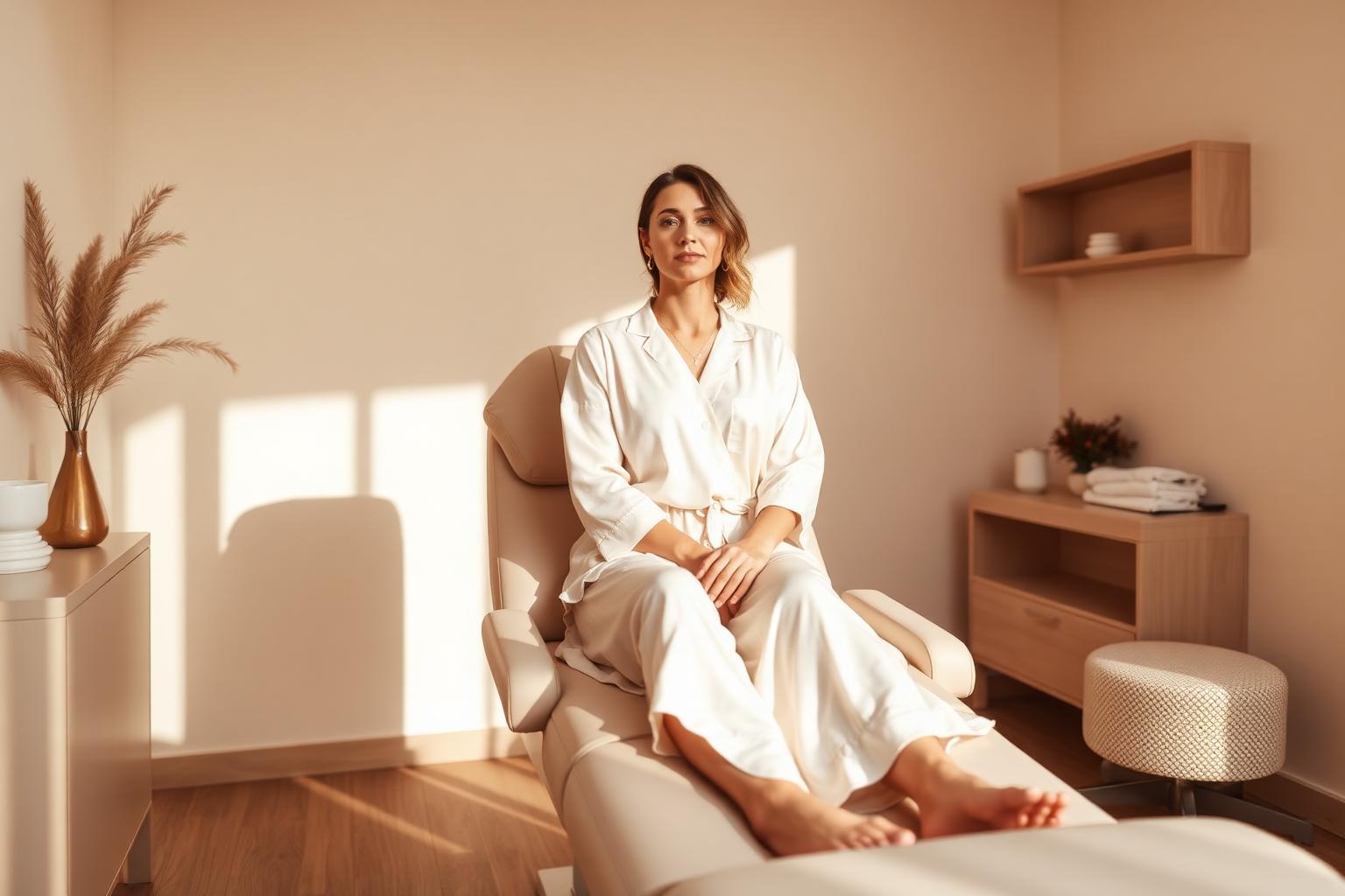 Client seated fully clothed and relaxed during an EMSELLA pelvic floor session at Joréa Clinic in Peterborough